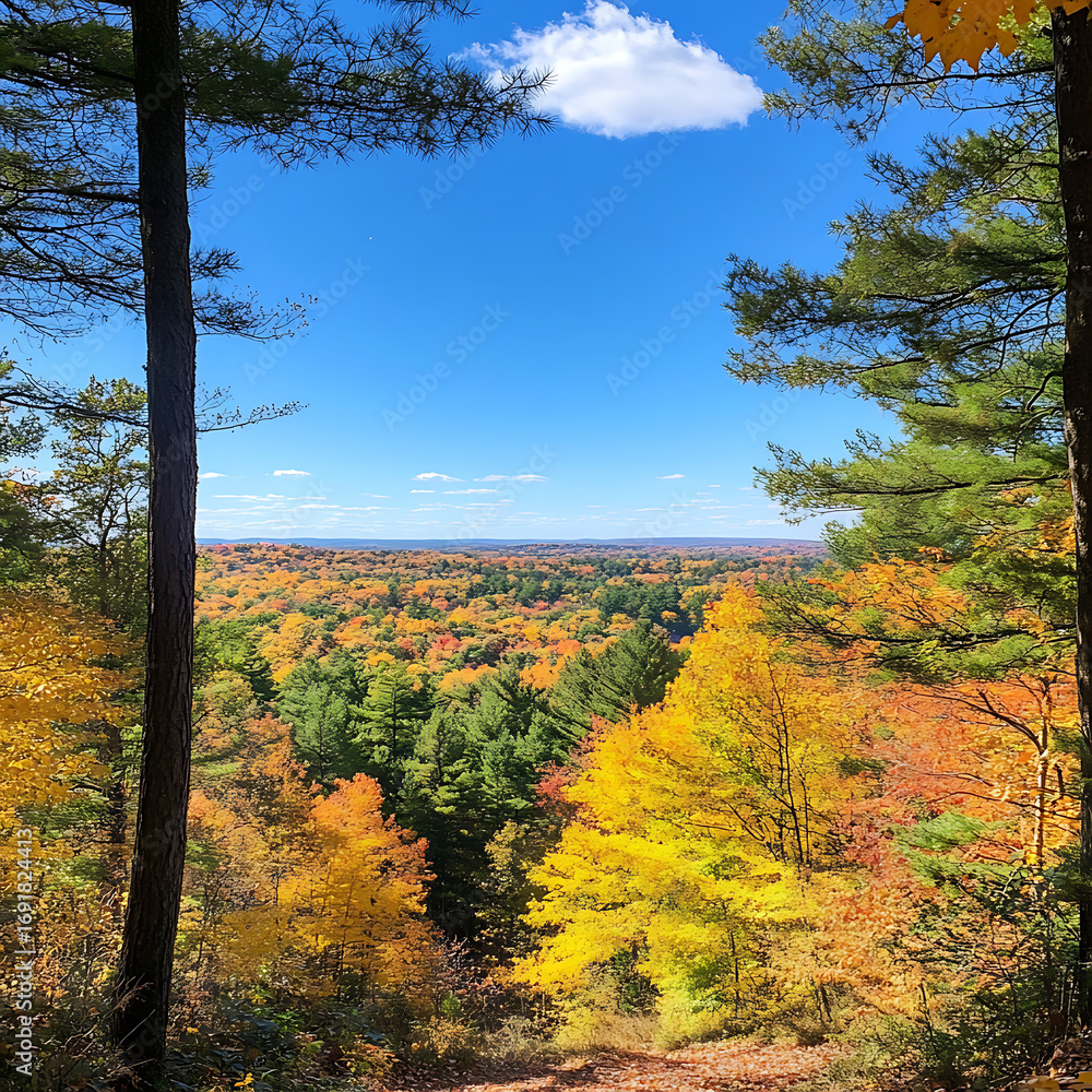 Fototapeta premium Autumn trees shining with golden sunlight in forest high resolution picture