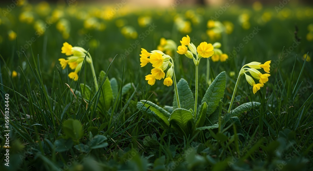 Fototapeta premium Yellow flowers in grassy field