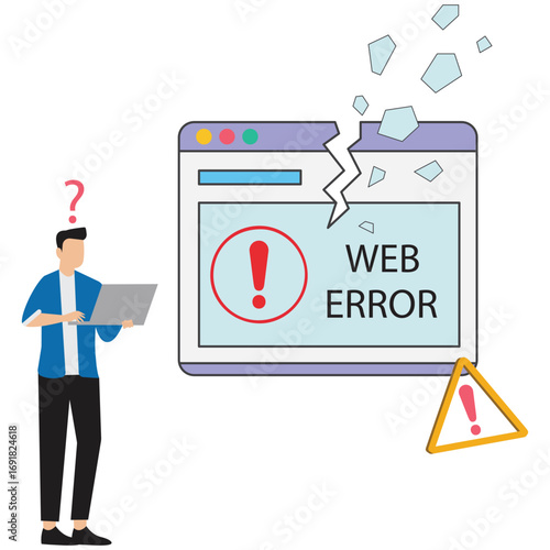 A person with a laptop looks at a broken web page with a web error message, symbolizing website issues and technical difficulties isolated on white background