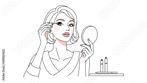 A young woman with styled hair and makeup looks into a handheld mirror while applying earrings preparing for a special occasion