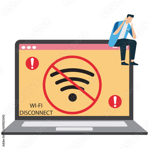 A developer is sitting on a laptop with a wifi disconnect error, experiencing a problem with the internet connection, isolated on white background