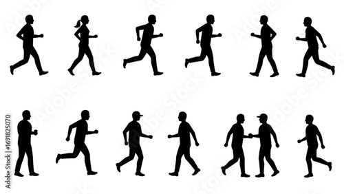 People Silhouette Icon Set – Black Solid Minimalist Figures in Active Lifestyle, Motion, and Everyday Poses