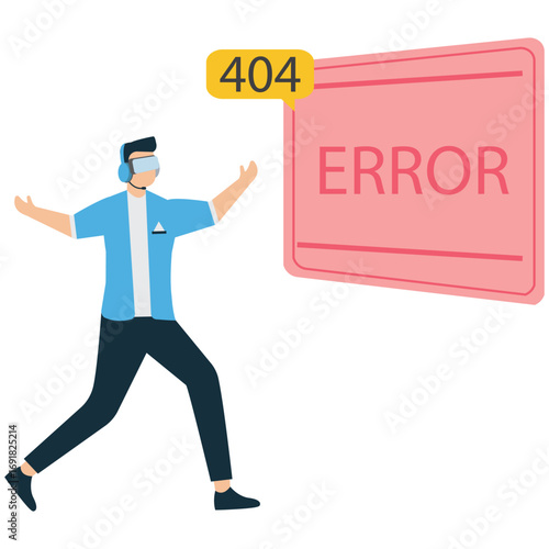 A person wearing a vr headset reacts to a 404 error message on a screen, isolated on white background the individual appears surprised
