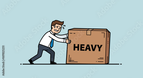 Cartoon Man Struggling to Push a Heavy Box