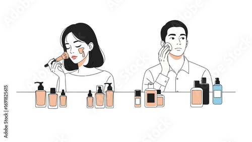 Modern beauty routine woman applying makeup with brush and man using skincare products showcasing diverse cosmetic and skincare essentials for personal grooming and self care