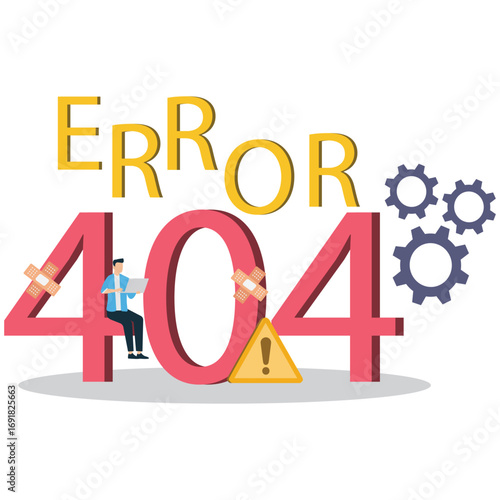 Illustration of a 404 error message with a man sitting on the number zero isolated on white background concept of website error