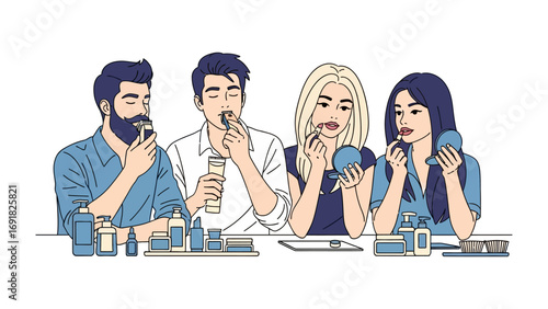 Diverse group of young adults applying makeup and skincare products together in a fun and engaging beauty tutorial or makeup application session