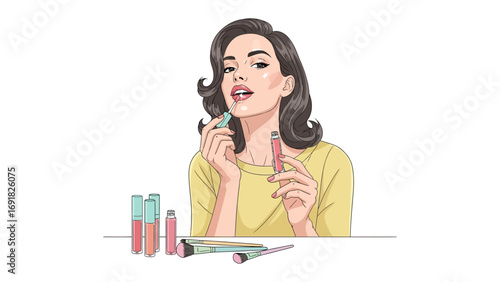 Retro styled woman with vintage hairstyle applying lip gloss from a tube with a brush for a glamorous makeup look