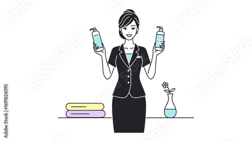 A smiling woman in a professional uniform holds two bottles of cosmetic products showcasing beauty and skincare