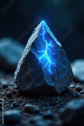 Close-up shot of a jagged, grey stone pulsating with inner blue light, mimicking a miniature lightning strike Perfect for fantasy, energy, power, and nature themes , elemental, illuminating