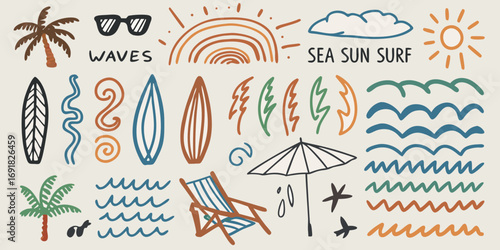 Collection of hand drawn beach elements including surfboards palm trees sun waves and beach chair