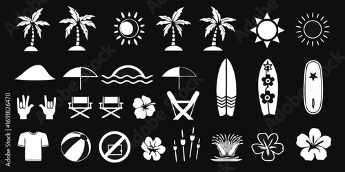 Collection of white tropical beach and summer vacation icons on black background