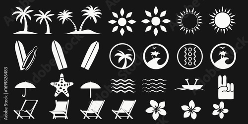 Collection of white summer vacation and beach icons on a black background