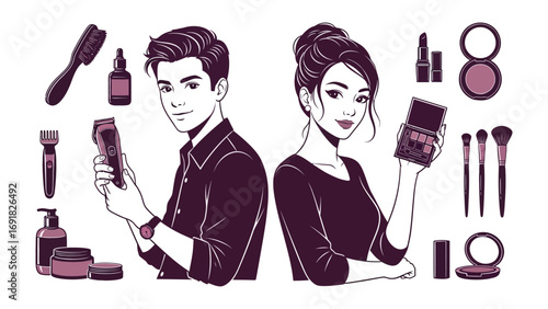 Stylish man and woman illustrating makeup application with various beauty products and tools for advertising and fashion concepts