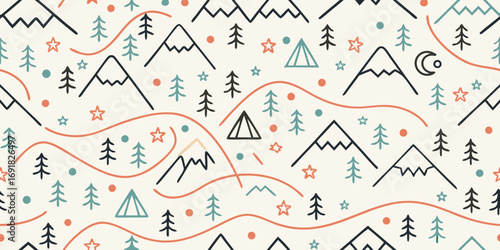 Whimsical hand drawn mountain and pine tree seamless pattern with stars and moon