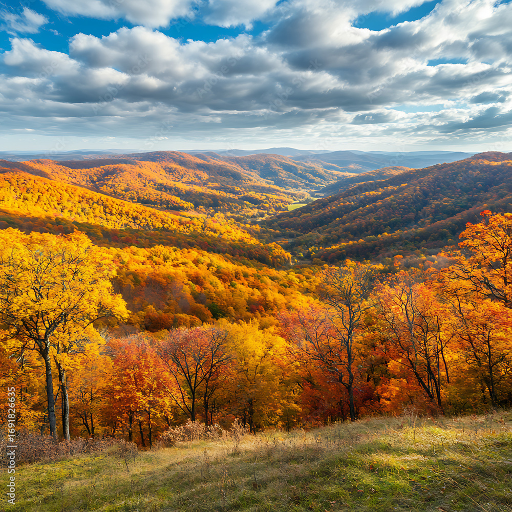 Fototapeta premium Enchanting mountain forest glowing in autumn golden sunlight high resolution picture