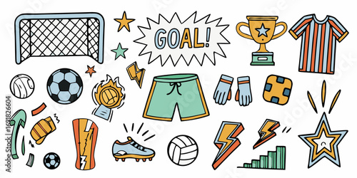 Collection of hand drawn soccer elements including a goal balls trophy jersey shorts and cleats