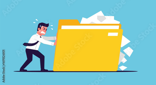 Stressed Businessman Pushing Overloaded Yellow File Folder
