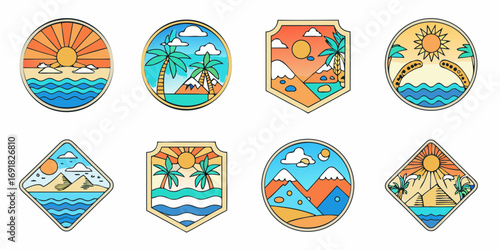 Collection of stylized tropical island and desert landscape badges with sun ocean mountains and palm trees