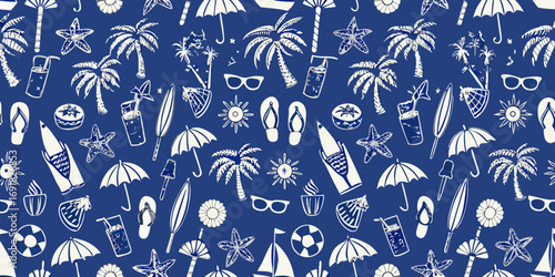 Seamless pattern of summer beach vacation icons in white on a dark blue background