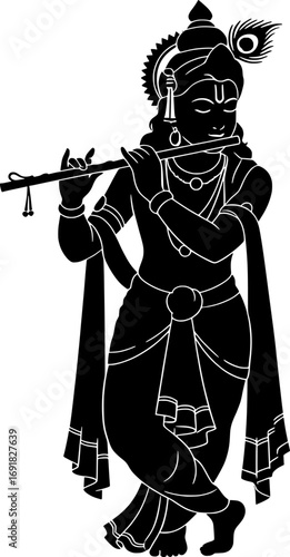 Krishna silhouette, black and white, eps, vector.