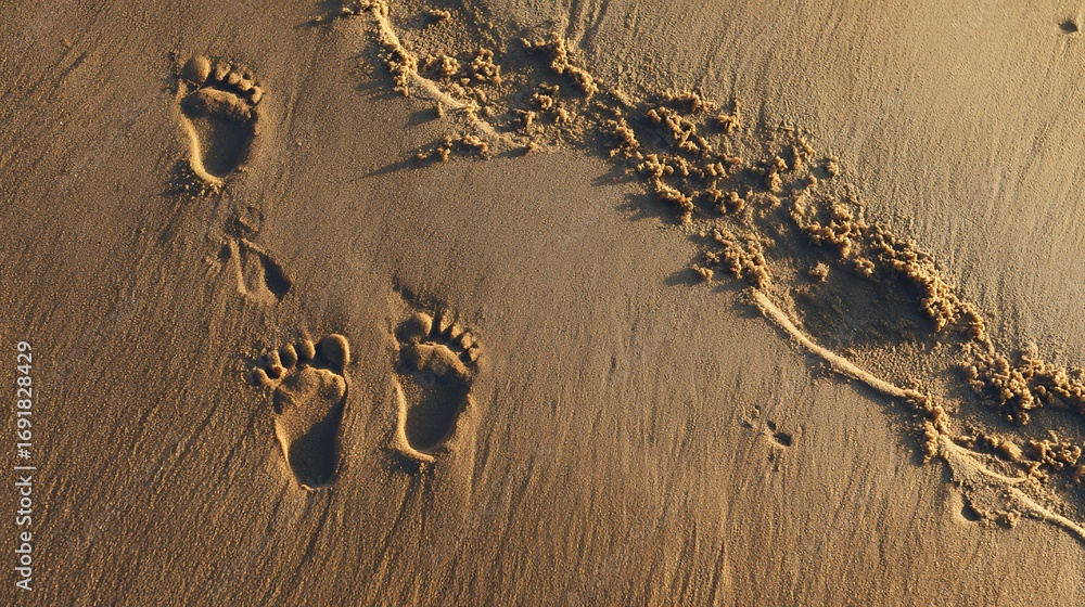 Obraz premium Footprints in the Sand on Beach at Sunset Golden Hour Lighting