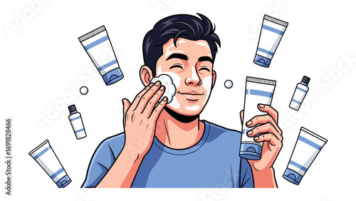 Young man applying facial cleanser with a cotton pad surrounded by various skincare products and tubes representing a healthy grooming routine