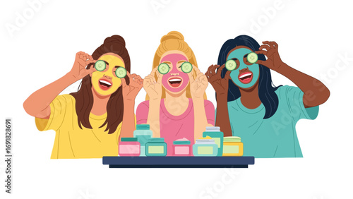 Three diverse young women with different colored face masks and cucumber slices on their eyes enjoying a spa day at home together