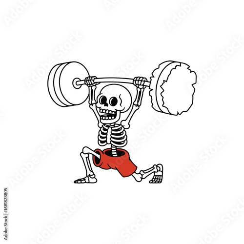 Skeleton lifting barbell in red shorts weightlifting