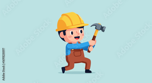 Cartoon Builder Boy with Hammer and Hard Hat