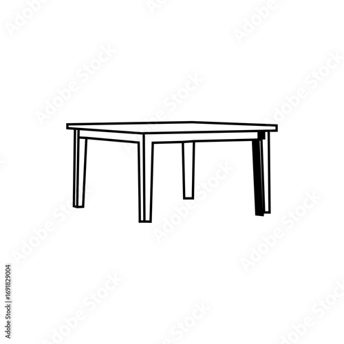 A clean, simple line drawing of a square wooden table.