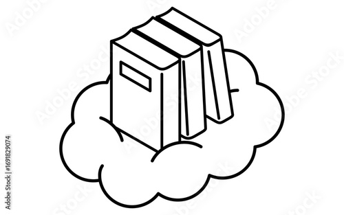 Online learning cloud with book data isometric simple line icon, black and white