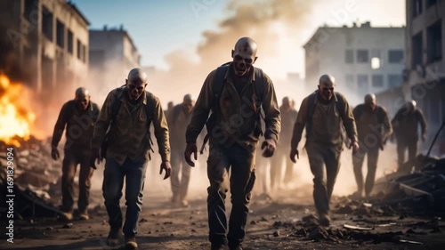 Horde of Zombies Stalking Ruined City with Post Apocalyptic, Disaster, and Smoke  Fire.