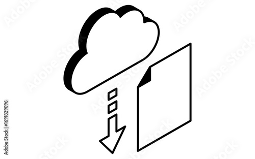 Online learning file download isometric simple line icon, black and white