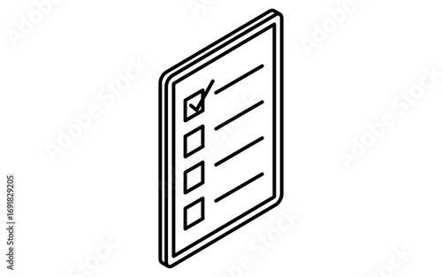 Online learning tablet with checklist isometric simple line icon, black and white