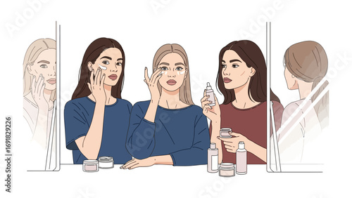 Three diverse women applying skincare products in a beauty routine showcasing self care and personal grooming with cosmetic bottles and jars on a white background