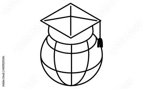 Online learning graduation cap with globe icon isometric simple line icon, black and white