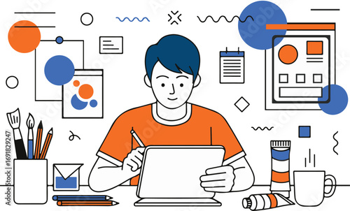 Digital Artist Working on Tablet, Creative Workspace Vector Illustration for Design and Art Projects