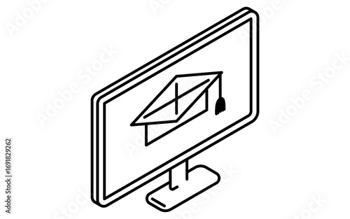 Online learning monitor with graduation cap displayed isometric simple line icon, black and white