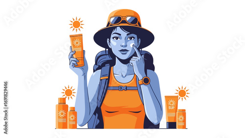 Young woman applying sunscreen to protect her face from harmful ultraviolet rays during a sunny outdoor adventure