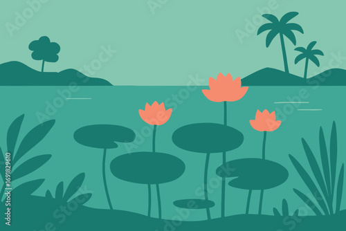 Tranquil lake scene with water lilies, palm trees, and lush vegetation.
