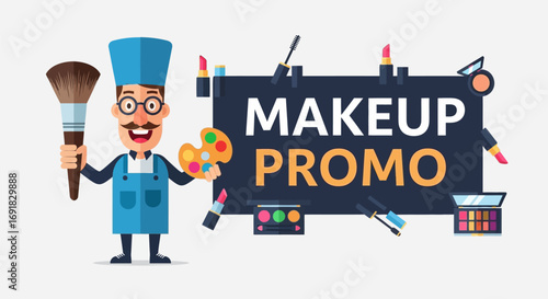 Cartoon Makeup Artist with Brush and Palette Promoting Makeup Promo