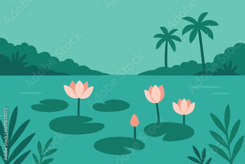 A serene tropical landscape with pink water lilies floating on a tranquil pond and palm trees in the background.