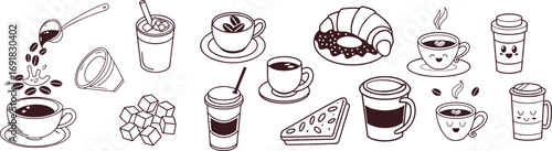Cute coffee and breakfast doodle set with cups, mugs, sugar cubes, croissant, donut, and sandwich. Perfect for café branding, menu art, packaging, and creative beverage projects. Hand-drawn style icon