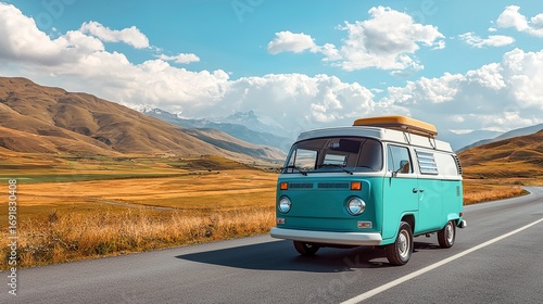 A vintage teal van driving down a scenic country road