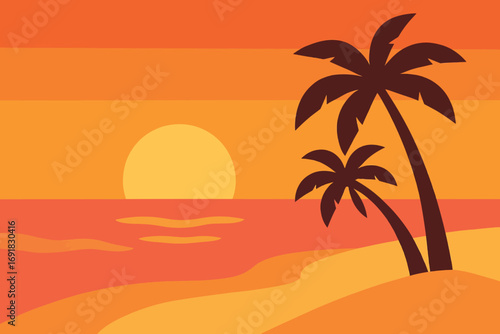 A serene tropical beach sunset with silhouetted palm trees and calm ocean waves reflecting the warm orange sky.