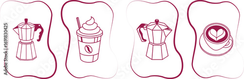 Coffee line art icons with pot, frappe cup, espresso maker, and cappuccino with latte art, minimal hand-drawn style perfect for  menu design, branding, and digital artwork.