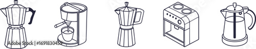 Set of coffee maker icons in minimal line art style, a pot, drip machine, espresso maker, and kettle, perfect for menu design, branding, kitchen and digital illustration.