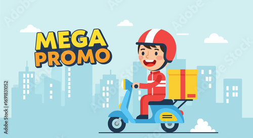 Delivery Man on Scooter with Mega Promo Sign