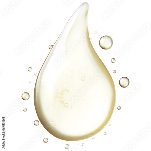 Transparent cream drop with glossy surface, surrounded by small bubbles, creates fresh and inviting appearance. drop smooth texture and light color evoke sense of purity and elegance
